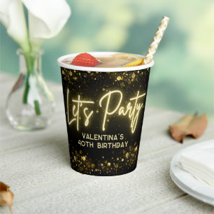 Modern Party Schwarz und goldenes Neonglühen Pappbecher