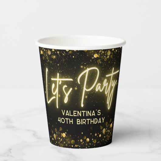 Modern Party Schwarz und goldenes Neonglühen Pappbecher (Rückseite)