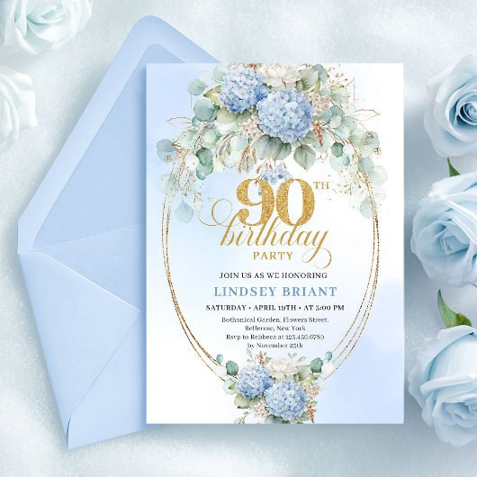 Modern Pastel Blue Floral Gold 90th Birthday Card Einladung