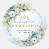 Modern Pastel Blue Gold Eucalyptus Quinceañera Runder Aufkleber (Vorderseite)