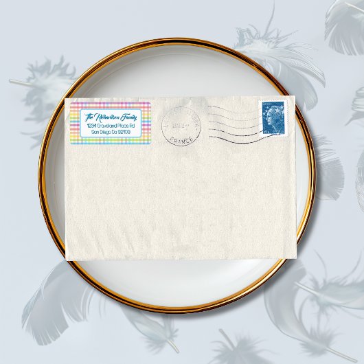 Modern Pastel Gingham Rainbow Baby Shower Party Adressaufkleber