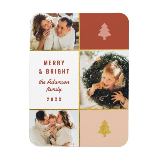 Modern Pastel & Gold 3 Foto Collage Weihnachten Magnet (Vertikal)