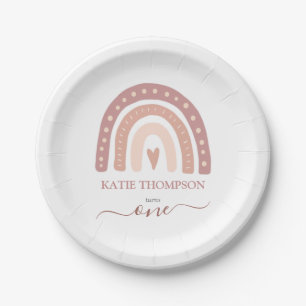 Modern Pastel Pink Rainbow Boho Erster Geburtstag Pappteller