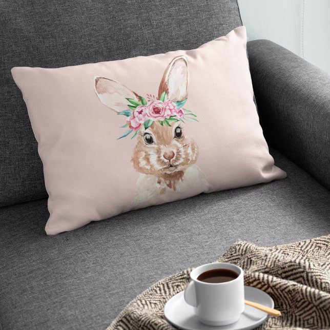 Modern Pastel Pink Watercolor Bunny With Flowers  Dekokissen (Von Creator hochgeladen)
