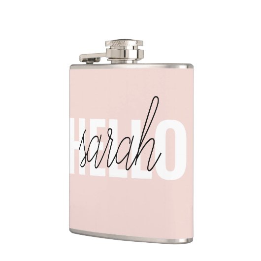 Modern Pastell Pink Hallo und Sie nennen Flachmann (Links)