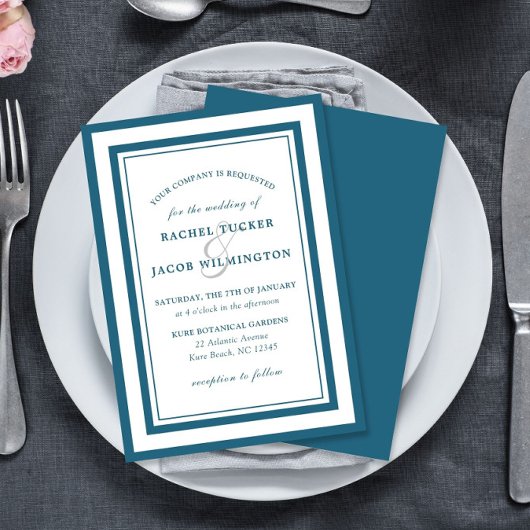 Modern Patina Blue & White Border Simple Wedding Einladung