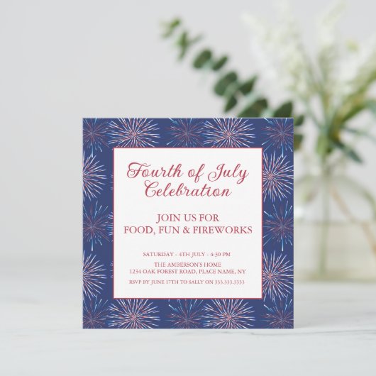 Modern Patriotic 4. Juli Feuerwerk Party Einladung (Stehend Vorderseite)
