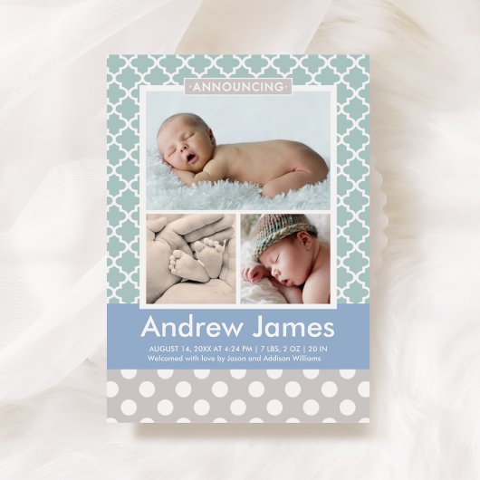 Modern Pattern Baby Boy Foto Green Gray Birth Ankündigung