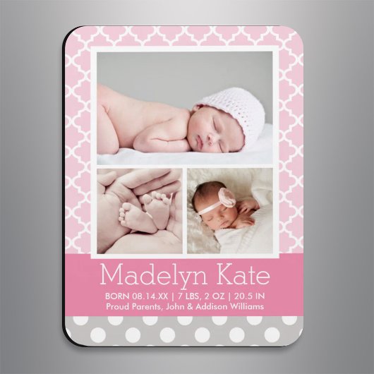 Modern Pattern Baby Girl Pink Grau Foto Birth Magnet