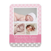 Modern Pattern Baby Girl Pink Grau Foto Birth Magnet (Vertikal)