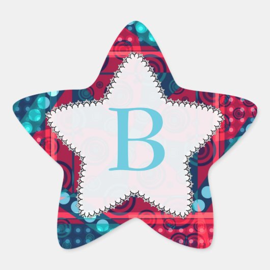 Modern Pattern Monogram Blue Red Star Aufkleber (Vorderseite)