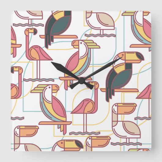 Modern Pattern With Tropical Birds Quadratische Wanduhr (Vorderseite)