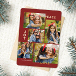 Modern Peace Joy Love Custom Color Collage  Folien Feiertagskarte<br><div class="desc">This stylish five photo collage Christmas card features modern typography reading, PEACE, JOY, and LOVE in real gold foil over a burgundy red background (the color can be customized to any color you'd like). The back of the card contains a matching faux foil Christmas trees pattern over a custom color...</div>