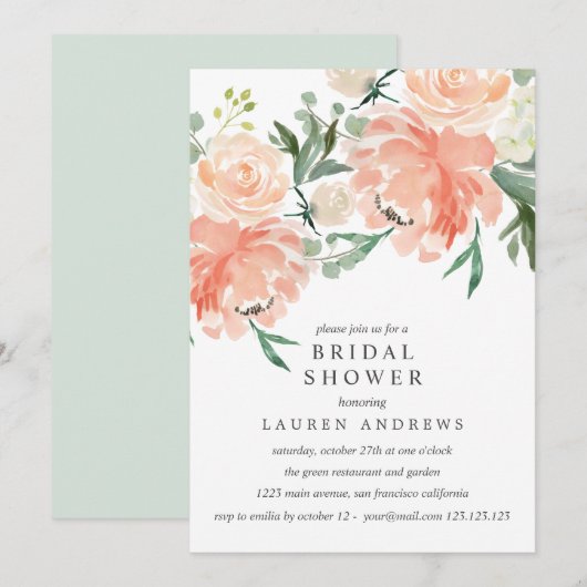 Modern Peach Coral Pink Bouquet Brautparty Inv Einladung (Vorne/Hinten)