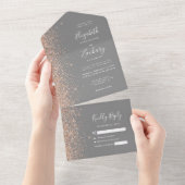 Modern Peach Glitter Gray Wedding All In One Einladung (Abreißen)