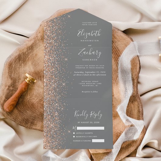 Modern Peach Glitter Gray Wedding All In One Einladung