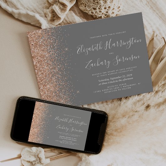 Modern Peach Glitter Gray Wedding Einladung
