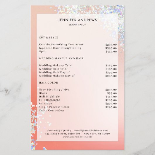 Modern Peach Silver Glitter Salon Price List Flyer (Vorne)