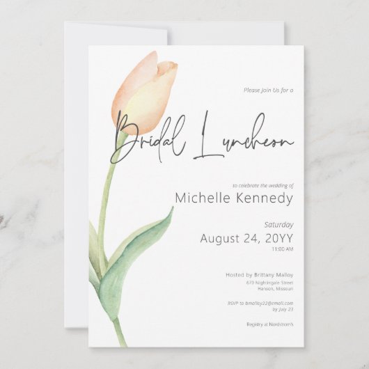 Modern Peach Tulip Solo Bridal Luncheon Einladung (Vorderseite)