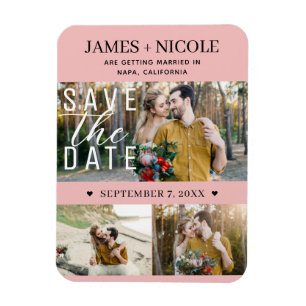 Modern Peachy Pink Save the Date Hochzeit 3 Fotos Magnet