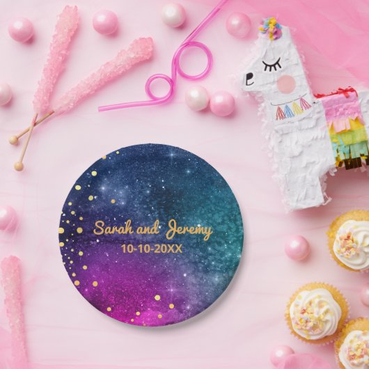 Modern Peacock Blue Gold Wasserfarbenhochzeit Pappteller (Party)