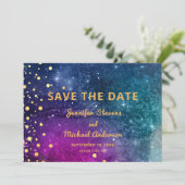 Modern Peacock Blue Gold Wasserfarbenhochzeit Save The Date (Stehend Vorderseite)