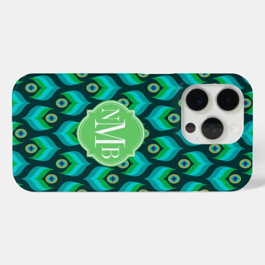 Modern Peacock Feather Pattern Monogram Case-Mate Case-Mate iPhone Hülle (Rückseite (Horizontal))