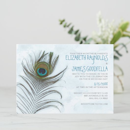 Modern Peacock Feather Wedding Einladungen (Stehend Vorderseite)