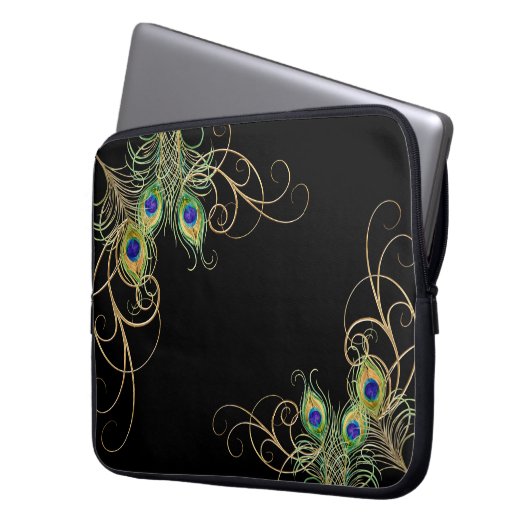 Modern Peacock Feathers Gold Swirl Name Laptopschutzhülle (Vorderseite Links)