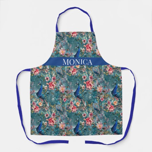 Modern Peacock Floral Blue Muster monogramm Schürze (Vorderseite)