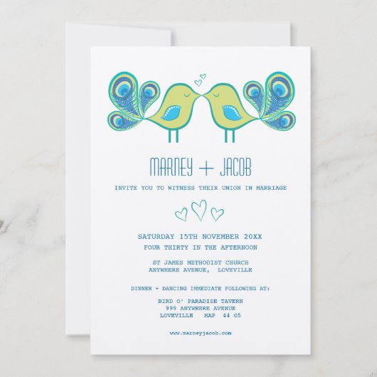 Modern Peacock Love Birds Wedding Monogram Einladung (Vorderseite)