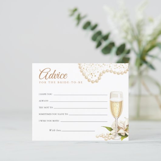 Modern Pearls & Prosecco Bridal Shower Advice Card (Stehend Vorderseite)
