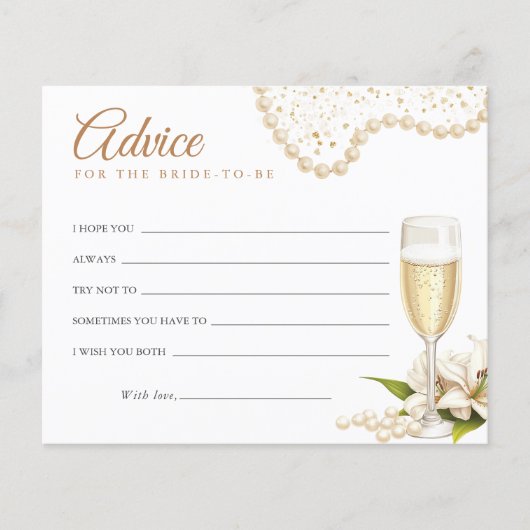 Modern Pearls & Prosecco Bridal Shower Advice Card (Vorderseite)