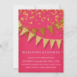 Modern Pennant Banner GoldGlitter Confetti Pink Einladung