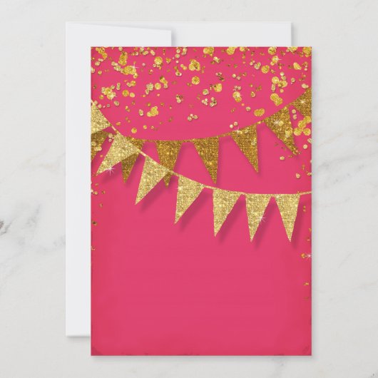 Modern Pennant Banner GoldGlitter Confetti Pink Einladung (Rückseite)