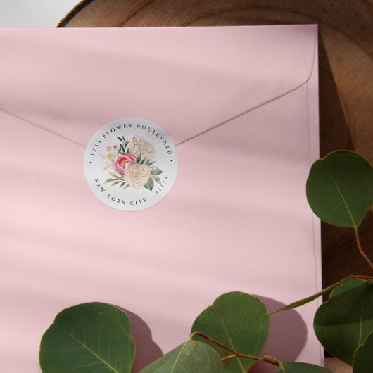 Modern Peony gold Bouquet Botanische Rücksendeadre Runder Aufkleber