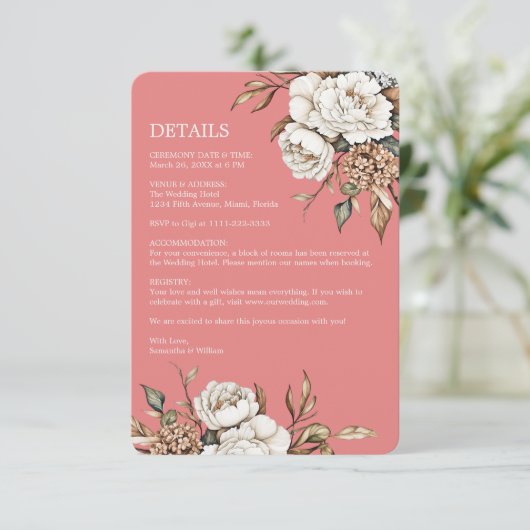 Modern Peony & Hydrangea Coral Pink Wedding Begleitkarte (Stehend Vorderseite)