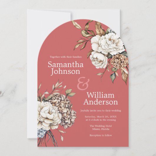 Modern Peony & Hydrangea Coral Pink Wedding Einladung (Vorderseite)
