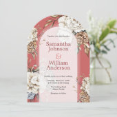 Modern Peony & Hydrangea Coral Pink Wedding Einladung (Stehend Vorderseite)