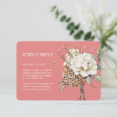 Modern Peony & Hydrangea Coral Pink Wedding RSVP Karte (Stehend Vorderseite)