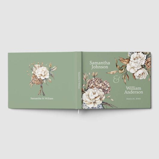 Modern Peony & Hydrangea Grüne Hochzeit Gästebuch (Voll)