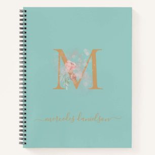 Modern Peppermint Green Floral Gold Mit Monogramm Notizblock