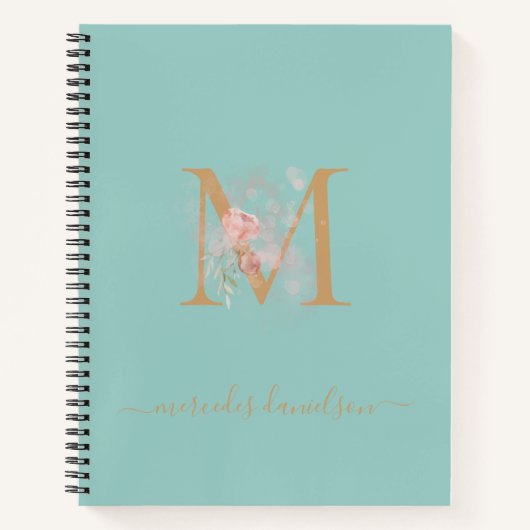 Modern Peppermint Green Floral Gold Mit Monogramm Notizblock (Vorderseite)