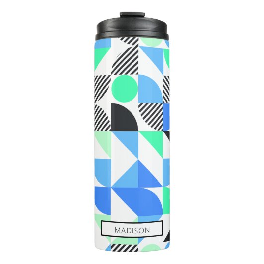 Modern Personalisiert Blue Mint Green Geometric Thermosbecher (Vorderseite)