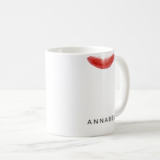 Modern personalisierte rote Lippenstift-Marke Kaffeetasse (VorderseiteRechts)