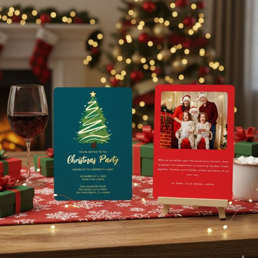 Modern Personalize Gold Red Green Tree Christmas Folieneinladung