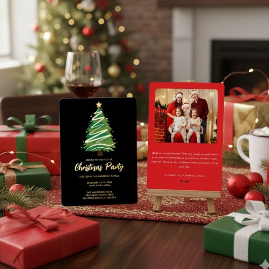 Modern Personalize Gold Red Green Tree Christmas  Folieneinladung