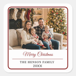 Modern Personalized Family Photo Merry Christmas  Quadratischer Aufkleber