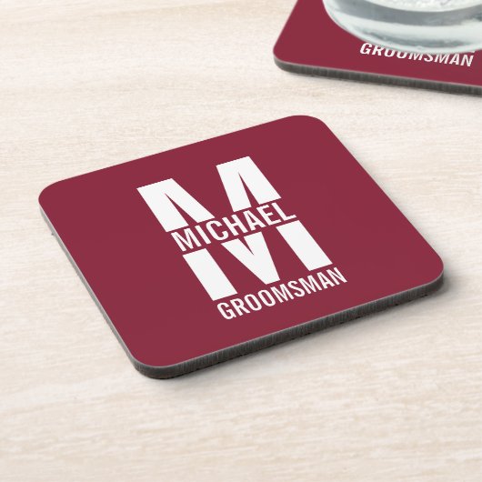 Modern Personalized Groomsmen Monogram and Name Getränkeuntersetzer (Linke Seite)