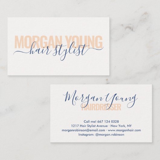 Modern pfirsichblaue Haarstylist-Signatur Visitenkarte (Vorne/Hinten)